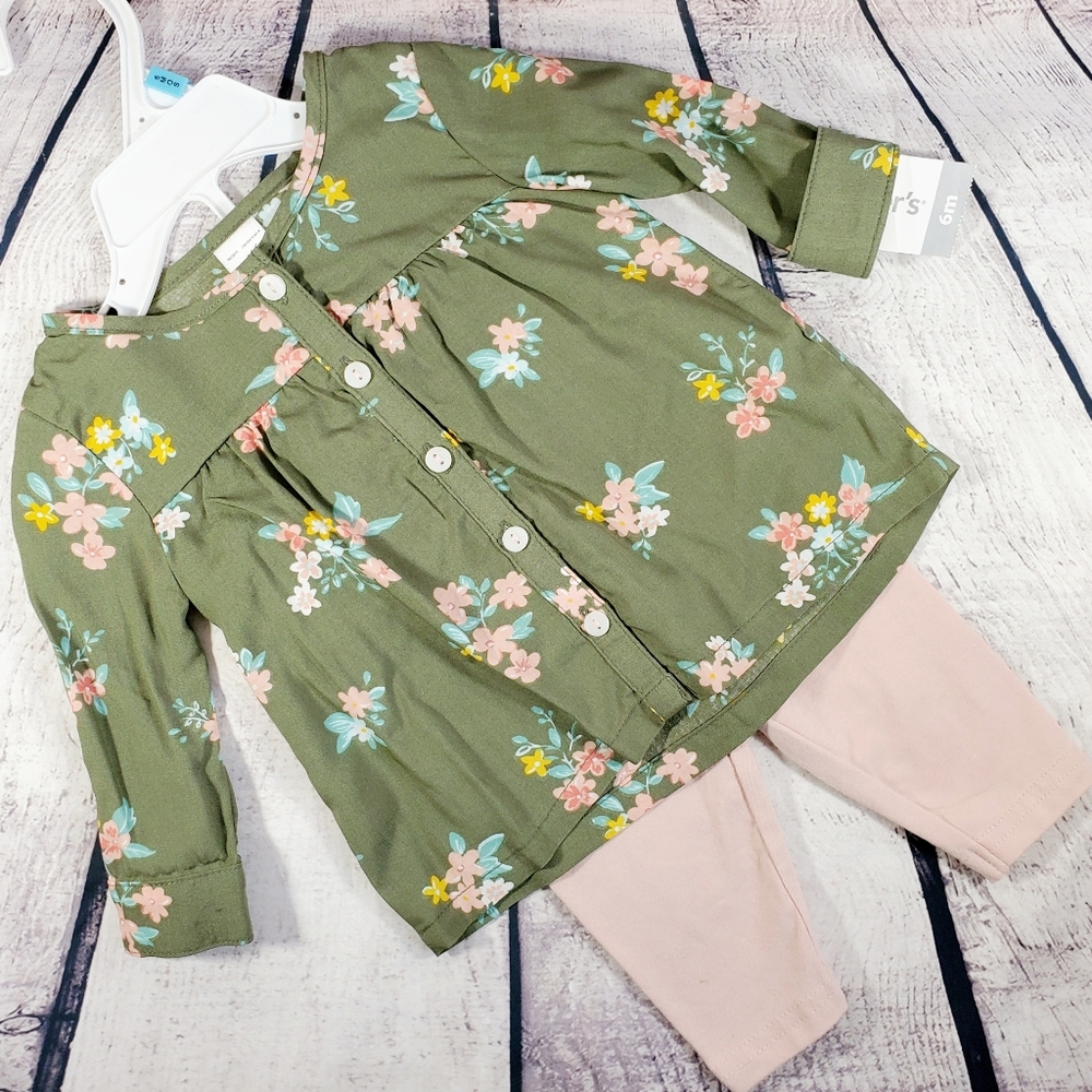 Carter's Baby Girl Olive Green Pink Matching Set